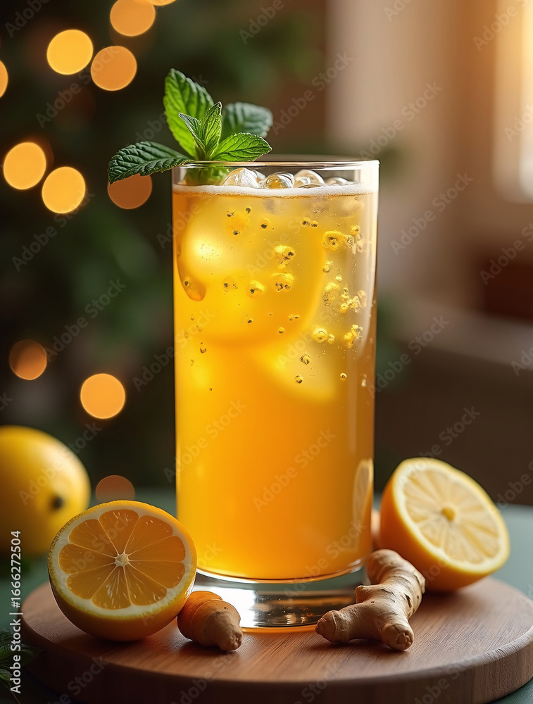 Fototapeta premium Realistic kombucha detox drink in transparent glass with golden bubbles, lemon, mint, ginger, elegant holiday background with blurred lights, wellness lifestyle photography