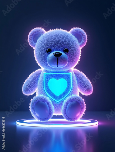 Futuristic holographic teddy bear icon protected by glowing digital shield, ultra realistic 3D render with neon blue and purple cinematic lighting, kids cyber security concept