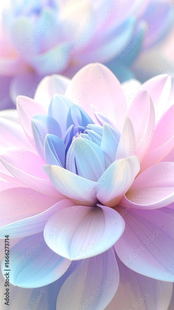 Fototapeta premium A close-up, delicate image showcasing a vibrant dahlia flower with pastel hues of pink, light blue, and white.