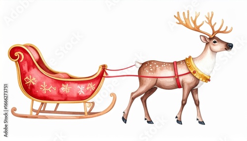 Christmas Reindeer Pulling Red Sleigh with Golden Accents on a White Background