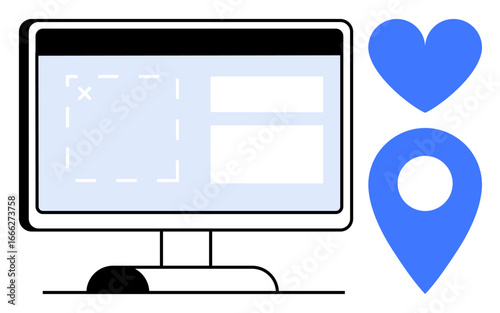 Computer monitor displaying a user interface design alongside heart and location pin icons representing navigation, connectivity, and user preferences. Ideal for tech, UIUX, navigation, mapping