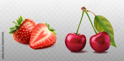 3d realistic vector icon illustration. Strawberry and cherry with leaf berries. Packaging or product element for tea, juices, and yoghurts. Isolated.