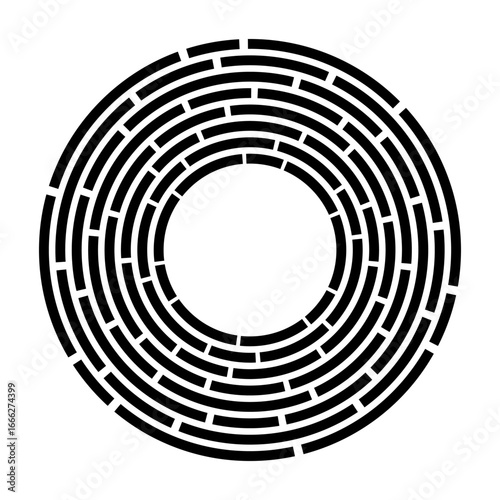 Concentric segments of circles. Segmented black circle. Dashed lines following a circle path. Maze. Design element. Abstract geometric black curved shapes isolated on white background.