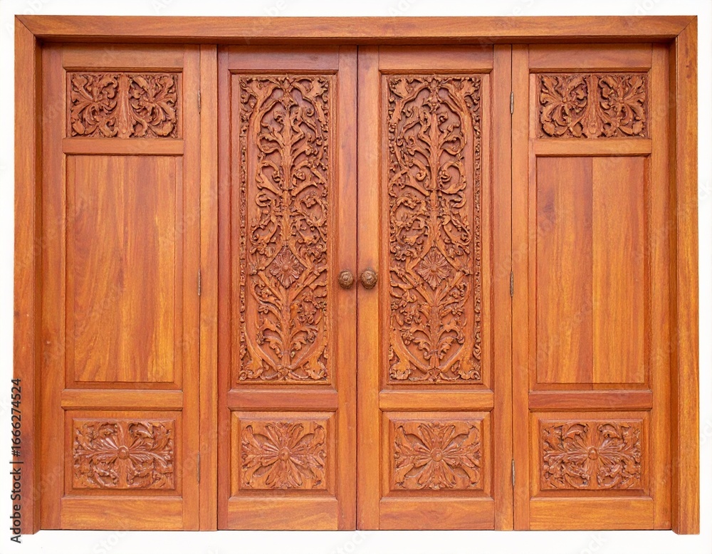 Traditional teak wood carved double door with floral ornaments