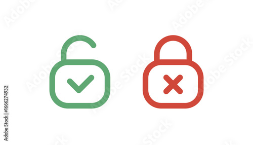 Lock and Unlock Icon Set, Minimalist White Padlock Symbols, Locked and Unlocked Security Illustration, Editable Vector Icon for Security Design.
