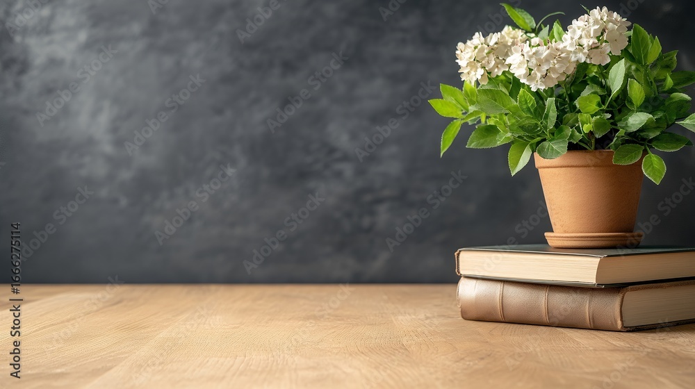 Fototapeta premium A terracotta pot with blooming white flowers sits atop a stack of books on a wooden table against a dark textured background
