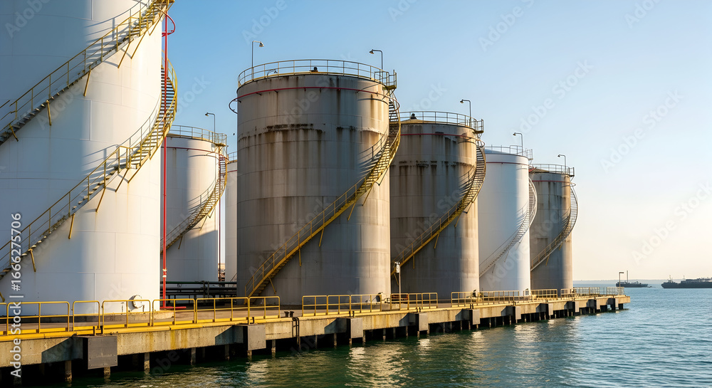 Obraz premium Industrial Oil Storage Tanks at Port Facility Energy Resources Petroleum Refinery Chemical Plant Export Import Global Trade Maritime Logistics