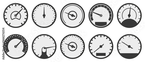 Speedometer gauges collection. Minimalistic dashboard speedometers and tachometers with various needle positions for performance and measurement