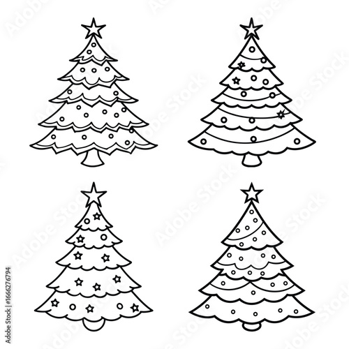 A vector illustration set of evergreen Christmas trees decorated with snow and other holiday elements