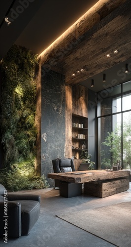 Dark, modern office with lush wall greenery.  Large, wooden desk and dark furniture.  Dramatic lighting.  Floor-to-ceiling windows