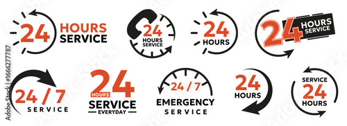 24 hours service logos collection. Modern icons and labels with 24/7 emergency and everyday service
