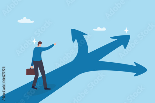 Making decision to the right path, determination or choice selection, leadership or ambition to success, opportunity choices, confidence businessman make decision pointing finger to success path.