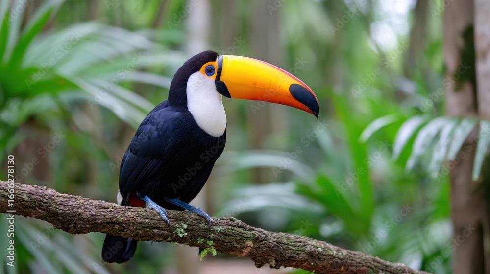 Fototapeta premium A colorful toucan perched on a branch amidst lush greenery, showcasing its vibrant beak and striking features in a tropical setting.