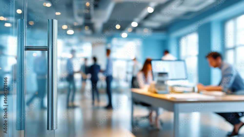 Modern Office Interior: A blurred image showing a modern office space with glass doors, desks, computers, and people collaborating. The focus is on the glass door handle. Modern Office Interior: A blurred image showing a modern office space with glass doors, desks, computers, and people collaborating. The focus is on the glass door handle.