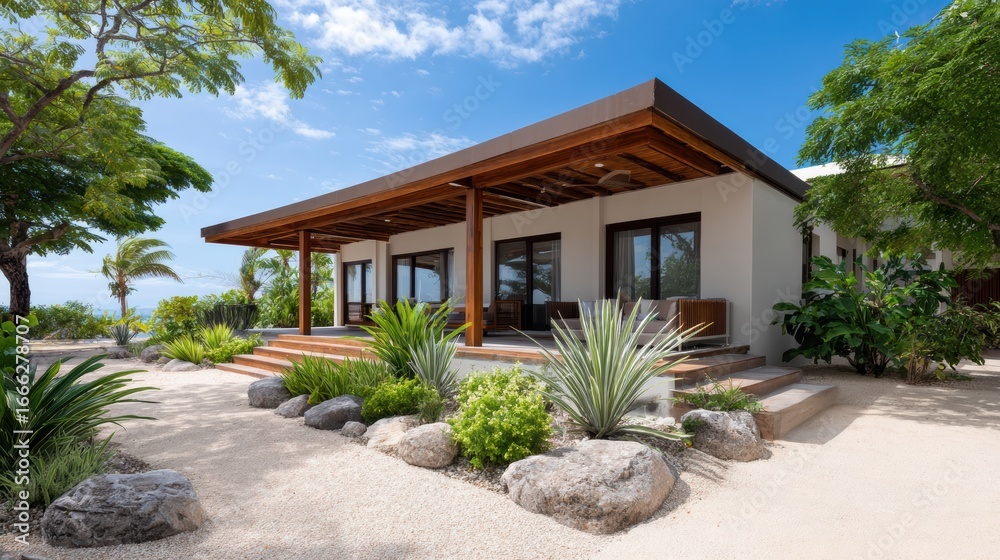 Fototapeta premium A modern house with wooden accents, surrounded by lush greenery and tropical landscaping, set against a bright blue sky.