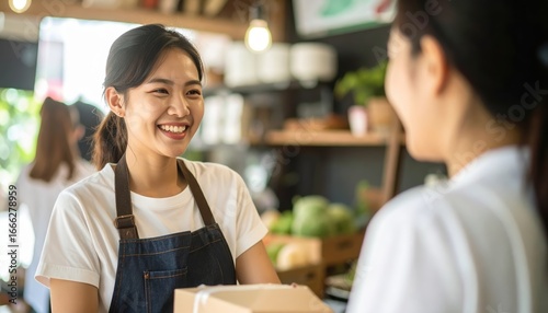 Smiling Cafe interaction: A barista beams while handing a packaged item to a delighted customer, inside a cozy cafe. Evoking the essence of commerce.