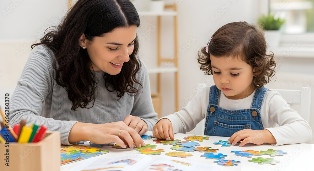 Fototapeta premium Happy mother and daughter joyfully collaborate on a colorful puzzle together, strengthening their bond through playful learning and shared accomplishment.