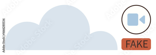 Cloud symbol with a video icon and fake label denoting media verification and content credibility. Ideal for cybersecurity, cloud computing, data authenticity, media ethics, technology reliability