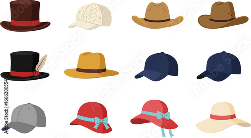Various stylish hats collection, including top hats, baseball caps, cowboy hats, sun hats, and fedoras, fashion accessories illustration.