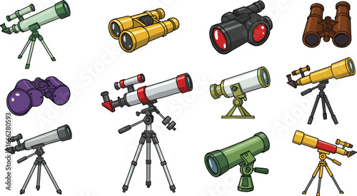 Various telescopes and binoculars collection, astronomy equipment, optical instruments, stargazing tools, scientific observation devices, night sky viewing gear