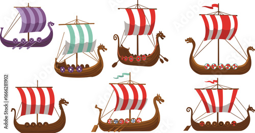 Viking ships illustration, ancient Norse longboats, dragon head boats, medieval Scandinavian vessels, cartoon style, historical maritime transport, vector art, traditional sailing