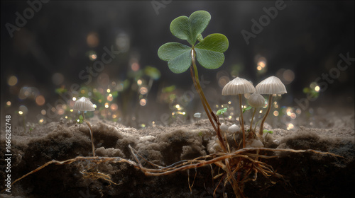 A four-leaf clover grows amidst small mushrooms in a mystical, glowing forest floor setting.