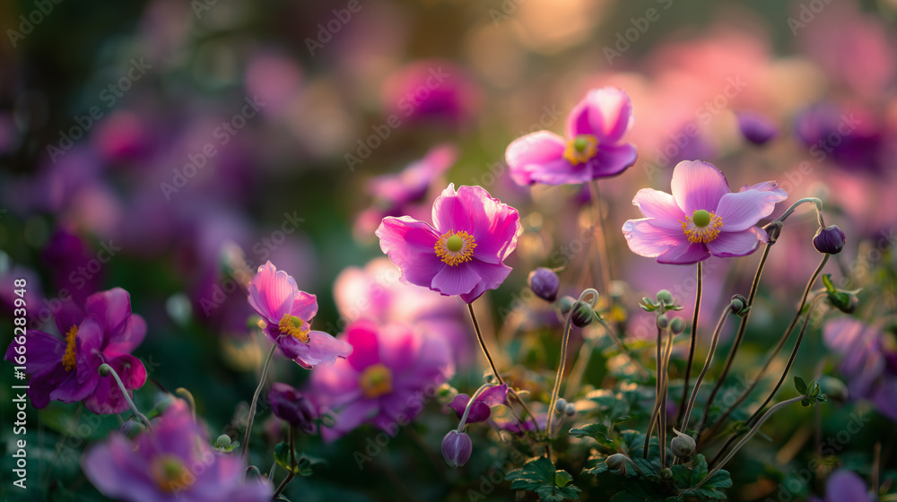 Obraz premium Blooming Pink Flowers in a Softly Lit Garden
