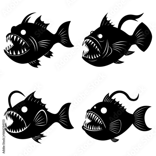 Four black anglerfish with sharp teeth and glowing eyes in a vector illustration graphic design