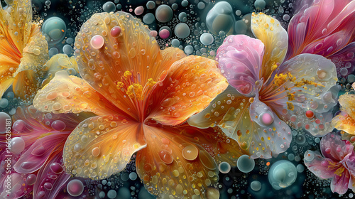 Vibrant Floral Art with Dew Drops and Bubbles