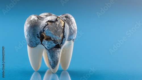 Detailed Close-Up of a Silver Filling on a Tooth with a Blue Background