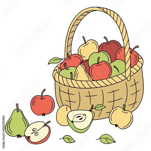 A basket filled with red and green apples and pears, including a sliced apple and pear with leaves nearby