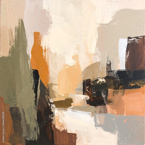 A serene abstract artwork, featuring soft earth tones and layered brushstrokes, evokes a sense of calm and tranquility.