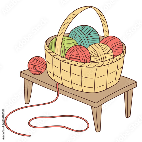 A basket filled with yarn balls in yellow, green, and pink, with a single yarn ball on the wooden floor