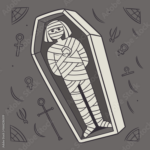 A mummy sitting on a rock under a dark cave opening with grass around the rock in a cartoon style