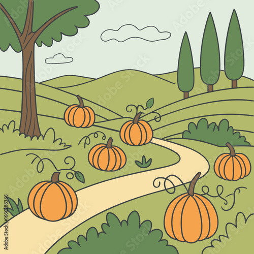Pumpkins for sale sign with pumpkins in a field under a cloudy sky, with a fence and a tree in autumn colors