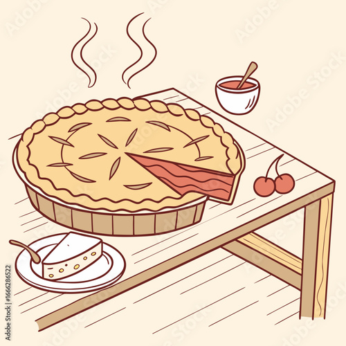 Illustration of a freshly baked pie on a wooden board with cherries and steam rising above it nicely