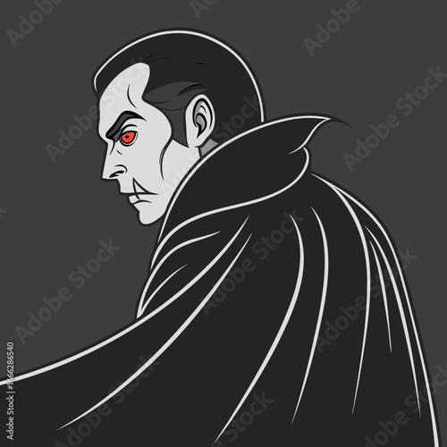Illustration of a vampire with red eyes and a black cape standing near a stone archway in a spooky scene