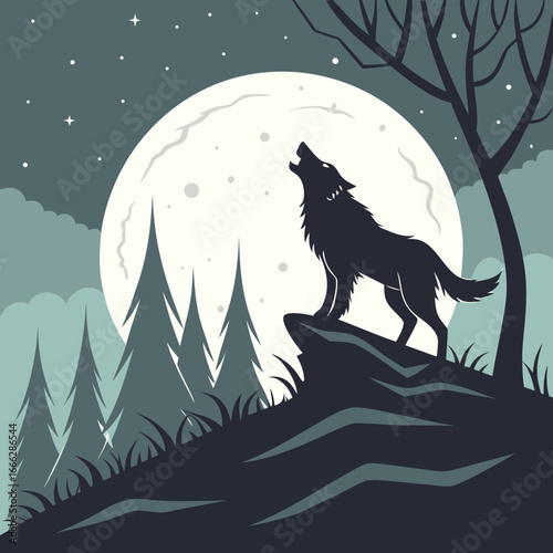 Silhouette of a wolf howling at the moon on a rocky outcrop surrounded by evergreen trees in a forest