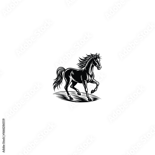 Elegant black silhouette of a horse in motion on a white background