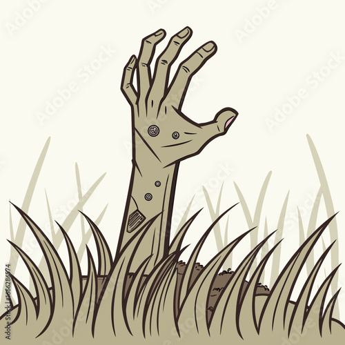 Illustration of a zombie hand emerging from the ground surrounded by tall grass in a spooky scene