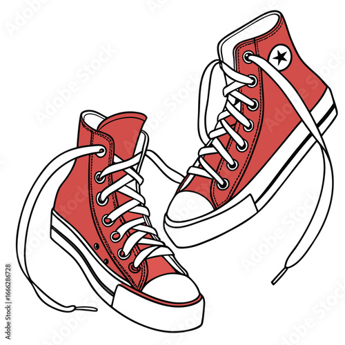 A pair of red high-top sneakers with white rubber toes and soles, featuring white laces and a small star logo on the sides. The shoes are illustrated with a cartoonish style and are depicted floating 