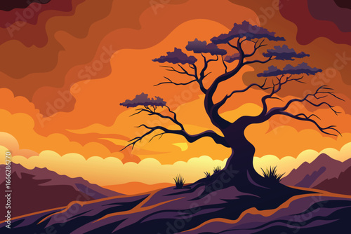 Silhouette of a bare tree against a dramatic fiery sunset sky