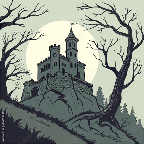 Illustration of a castle on a hill surrounded by bare trees under a full moon in a dark landscape