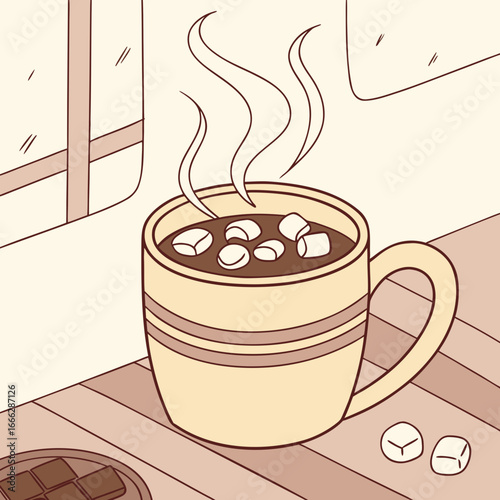 Illustration of a steaming mug of hot chocolate with marshmallows next to a window and chocolate plate