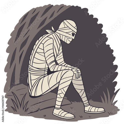 A mummy sitting on a rock under a dark cave opening with grass around the rock in a cartoon style