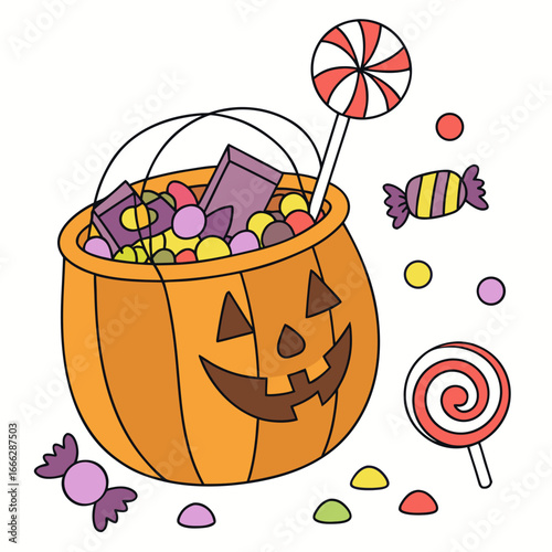 Illustration of a pumpkin bucket filled with candy and lollipops for halloween celebration treat