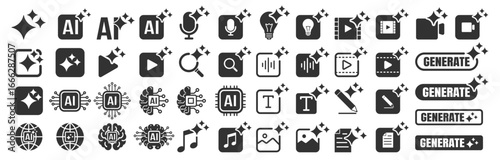 Generate AI icon set, artificial intelligence media buttons for image, video, audio and text, modern UI symbols for apps and websites on transparent background