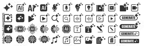 AI icon collection, artificial intelligence generate buttons, processor, brain, search, media, text, image, video and audio symbols set on transparent background