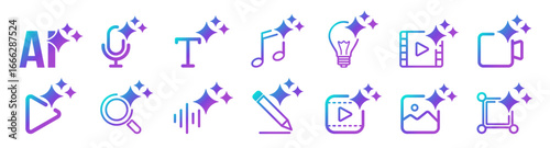 Generate AI icon set, artificial intelligence media buttons for image, video, audio and text, modern UI symbols for apps and websites on transparent background