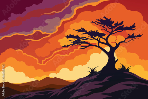 Silhouette of a bare tree against a dramatic fiery sunset sky